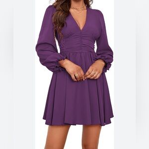 Umenlele Women V Neck Ruched Ruffle Puff Long Sleeve Cocktail Flowy Short Dress